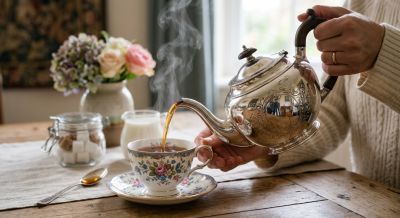Pouring tea into a fine china cup