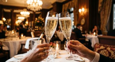 Clinking glasses of Champagne at afternoon tea
