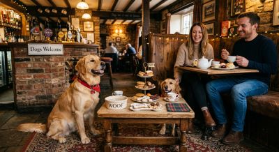 A dog sitting nicely next to a table with afternoon tea