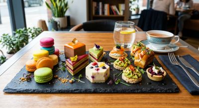 A modern, themed afternoon tea with colourful pastries