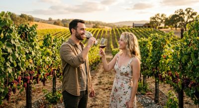 A couple enjoying a vineyard tour and tasting
