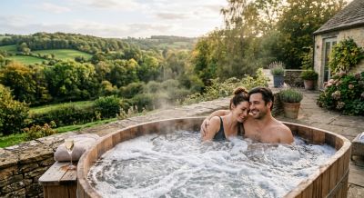 Couple enjoying an outdoor hot tub on a spa day