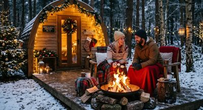 Couple enjoying a glamping weekend break