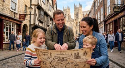 Family taking part in an interactive treasure hunt