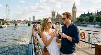 A couple enjoying a scenic boat cruise on the River Thames