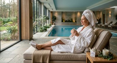 Woman relaxing in a white robe on a spa day