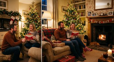 A woman receiving a present from her partner at Christmas.