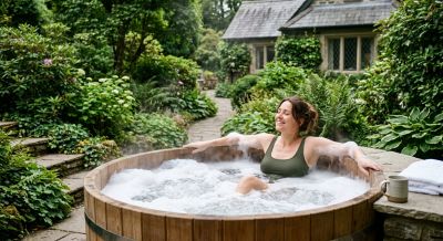 Woman relaxing in an outdoor spa hot tub
