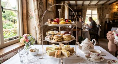 Traditional British afternoon tea with cakes and scones