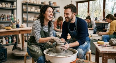 Couple enjoying a creative pottery making class