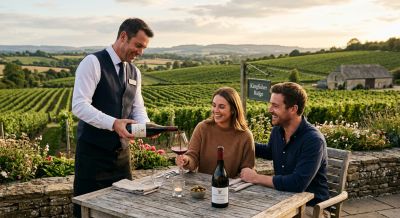 Couple enjoying a countryside wine tasting experience