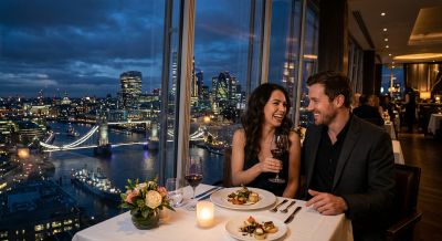 Couple dining with a view of the London skyline