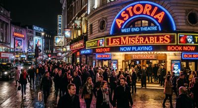 London West End theatre entrance at night
