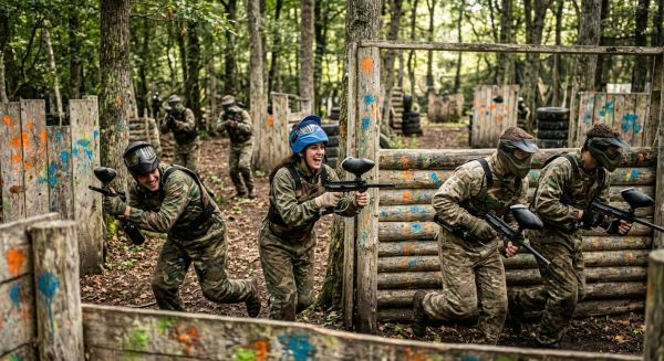 A group of friends enjoying a competitive paintballing adventure experience day in a woodland arena