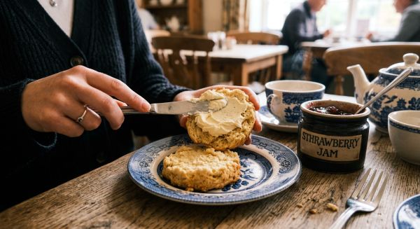 Spreading clotted cream and jam on a scone during an afternoon tea