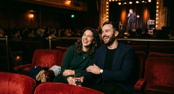 A couple laughing together while watching a live theatre show