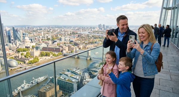 Family enjoying a sightseeing day out overlooking the London skyline