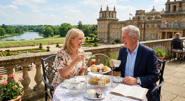 A couple enjoying afternoon tea overlooking a historic palace on a day out experience