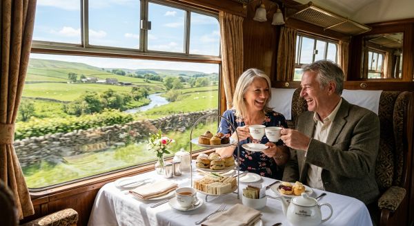 A couple enjoying afternoon tea on a vintage steam train experience day