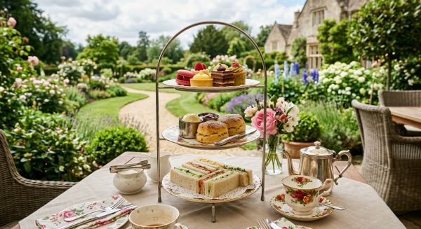 Elegant afternoon tea set up overlooking a garden