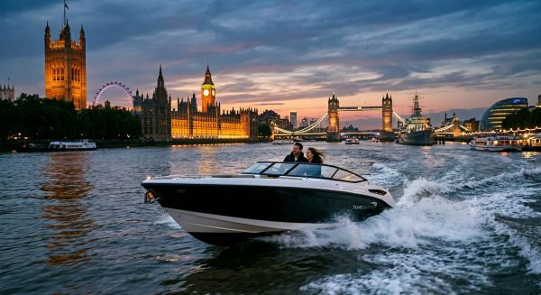 Speedboat cruising on the River Thames at twilight