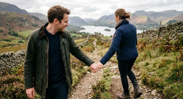 Couple holding hands on a romantic countryside walk