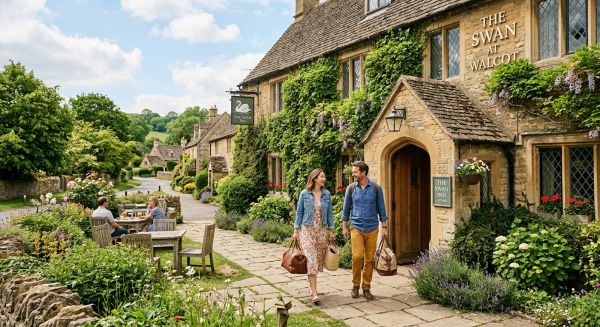 Couple arriving at a historic country inn for a weekend getaway