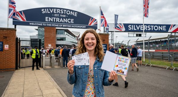 Young adult holding experience tickets at a UK racing circuit