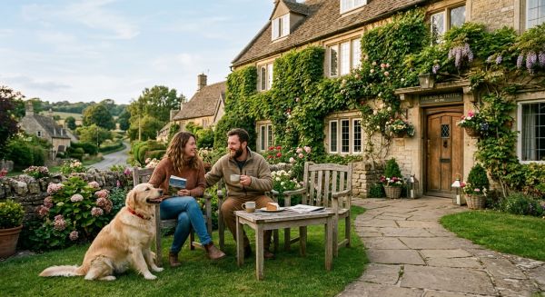 Couple with their dog outside a UK country hotel