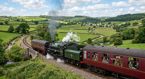 Heritage train travelling through UK countryside
