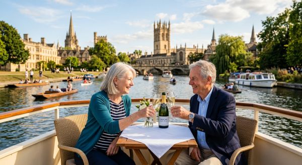 Older couple enjoying a river cruise with champagne in Oxford
