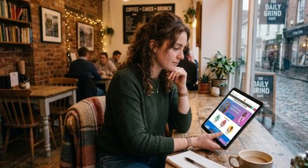 Person browsing experience days on a tablet in a cafe