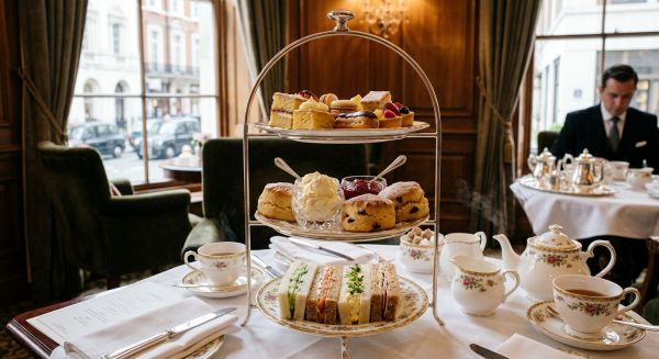 Traditional UK afternoon tea on a tiered stand