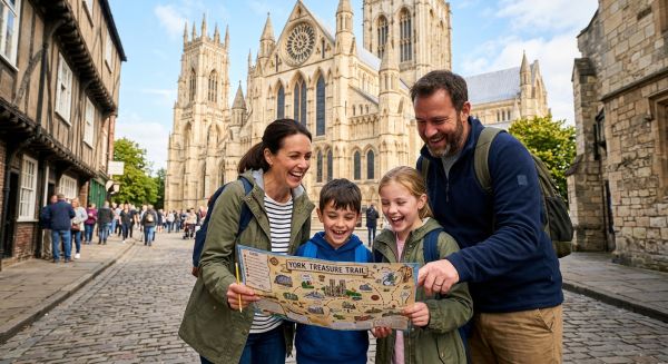 Family enjoying an outdoor treasure hunt