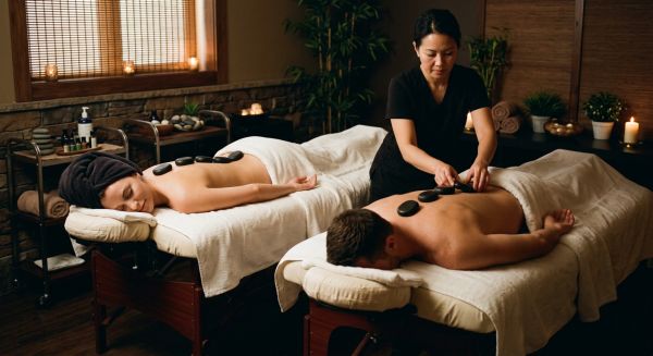 Couple enjoying a relaxing spa day treatment