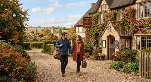 Couple arriving at a countryside hotel for a weekend break
