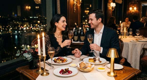 Couple enjoying a 3 course meal with Champagne