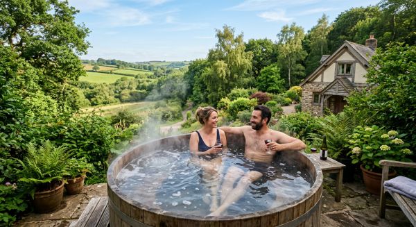 Couple relaxing in an outdoor hot tub