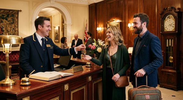 Couple checking into a luxury hotel