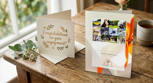 An engagement card next to an experience day gift voucher