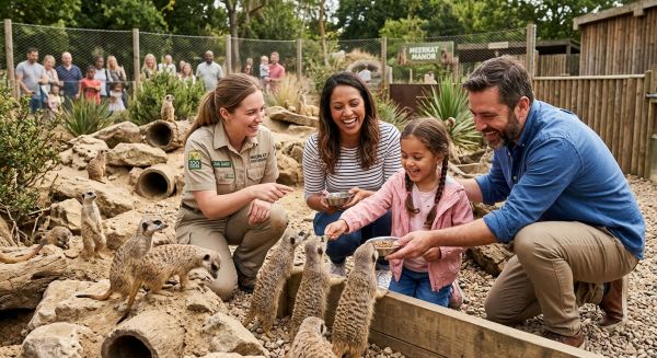 A family feeding meerkats during an animal encounter experience
