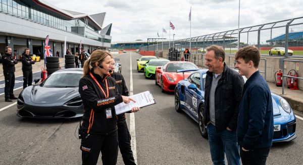 Driving instructor briefing a dad before a track day