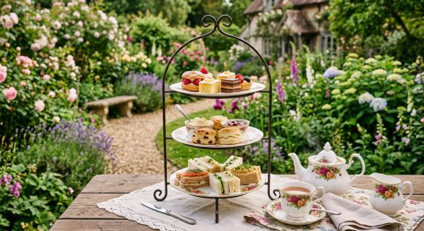 Beautifully presented afternoon tea overlooking an English garden