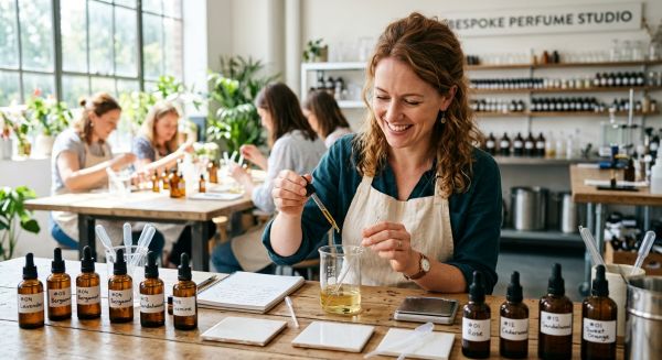 Woman mixing essential oils during a perfume-making masterclass