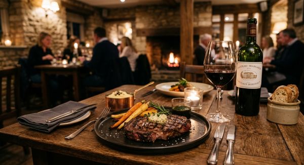 Gourmet steak dinner and red wine