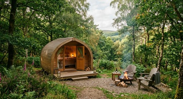 Cosy glamping pod in the UK countryside