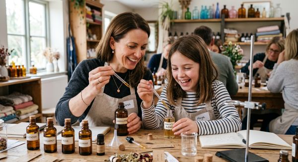 Two women blending essential oils at a perfume making masterclass