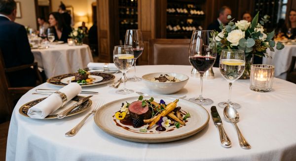 Gourmet fine dining meal set on a luxury table