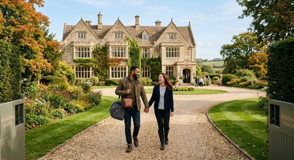 Couple arriving at a grand country manor house for a weekend break