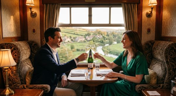 Couple toasting with champagne on a luxury train journey